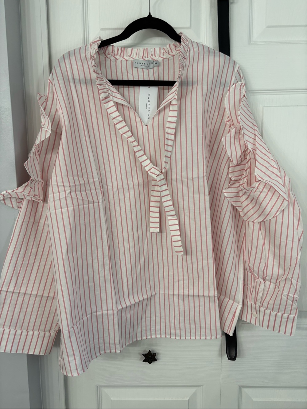 Striped Tie-Neck Blouse in White and Pink with beautiful open sleeve detail